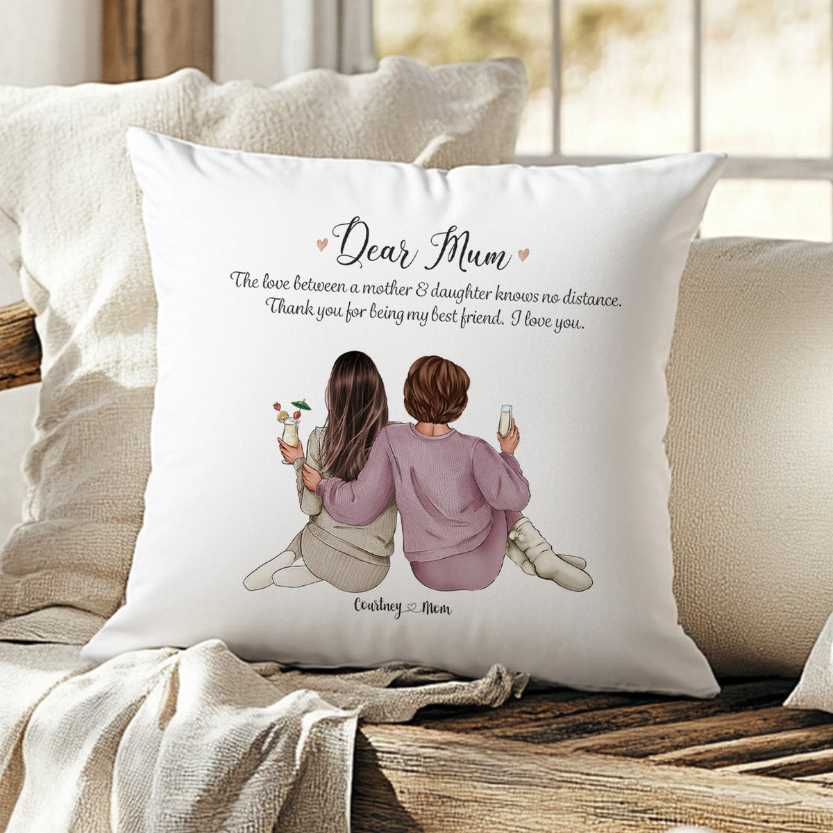 Personalised Mum and daughter cushion with two custom female characters, names and heartfelt mother daughter quote