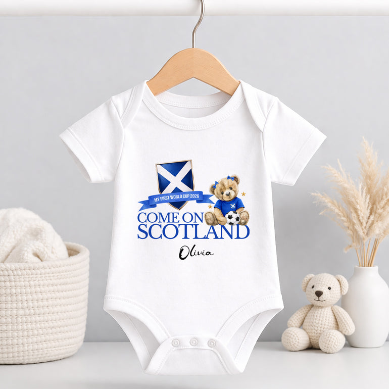 Scotland World Cup 2026 baby vest with personalised Come On Scotland design