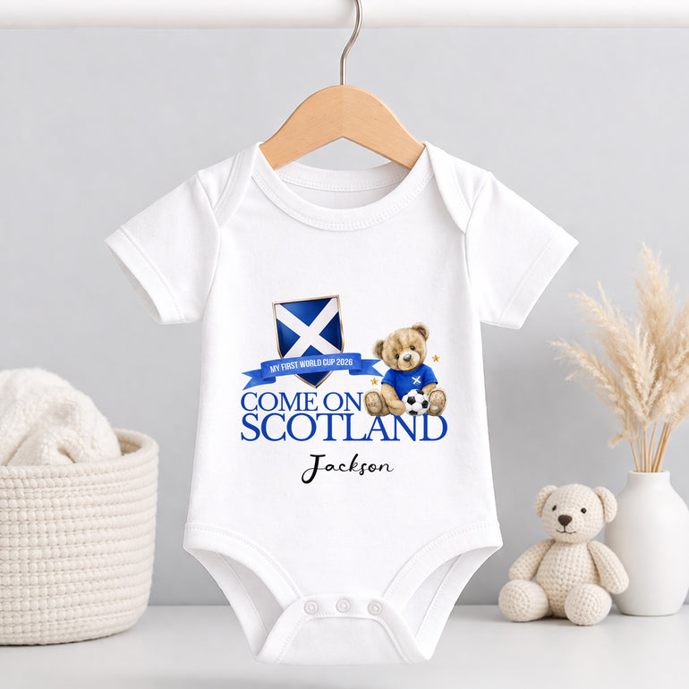 Personalised Scotland baby vest with teddy football artwork and child’s name