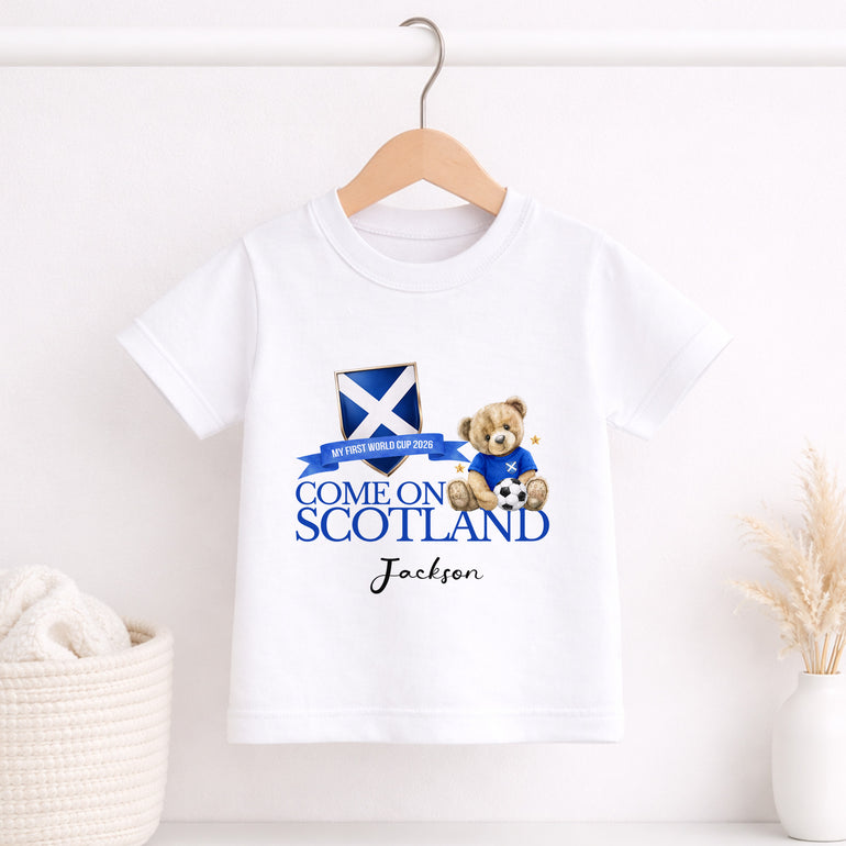 Come On Scotland personalised kids T-shirt with shield and teddy football design