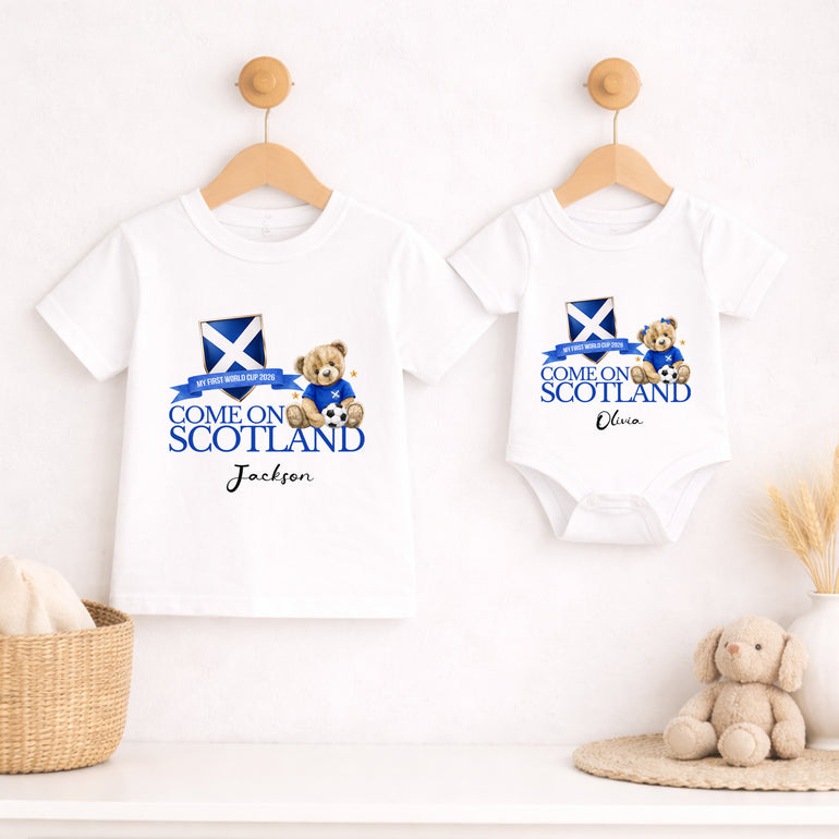 Matching Scotland sibling outfits with baby vest and kids T-shirt