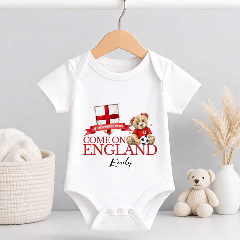 England World Cup 2026 baby vest with personalised Come On England artwork