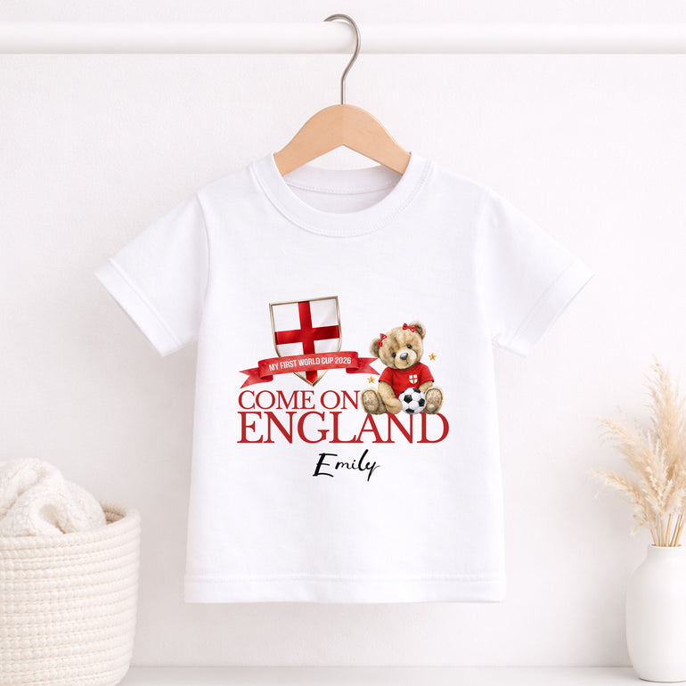 Come On England personalised kids T-shirt with football teddy and shield design