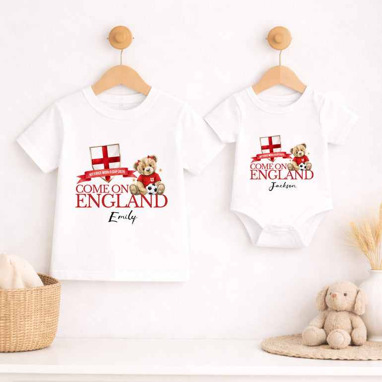 Matching England sibling football outfits with baby vest and kids T-shirt
