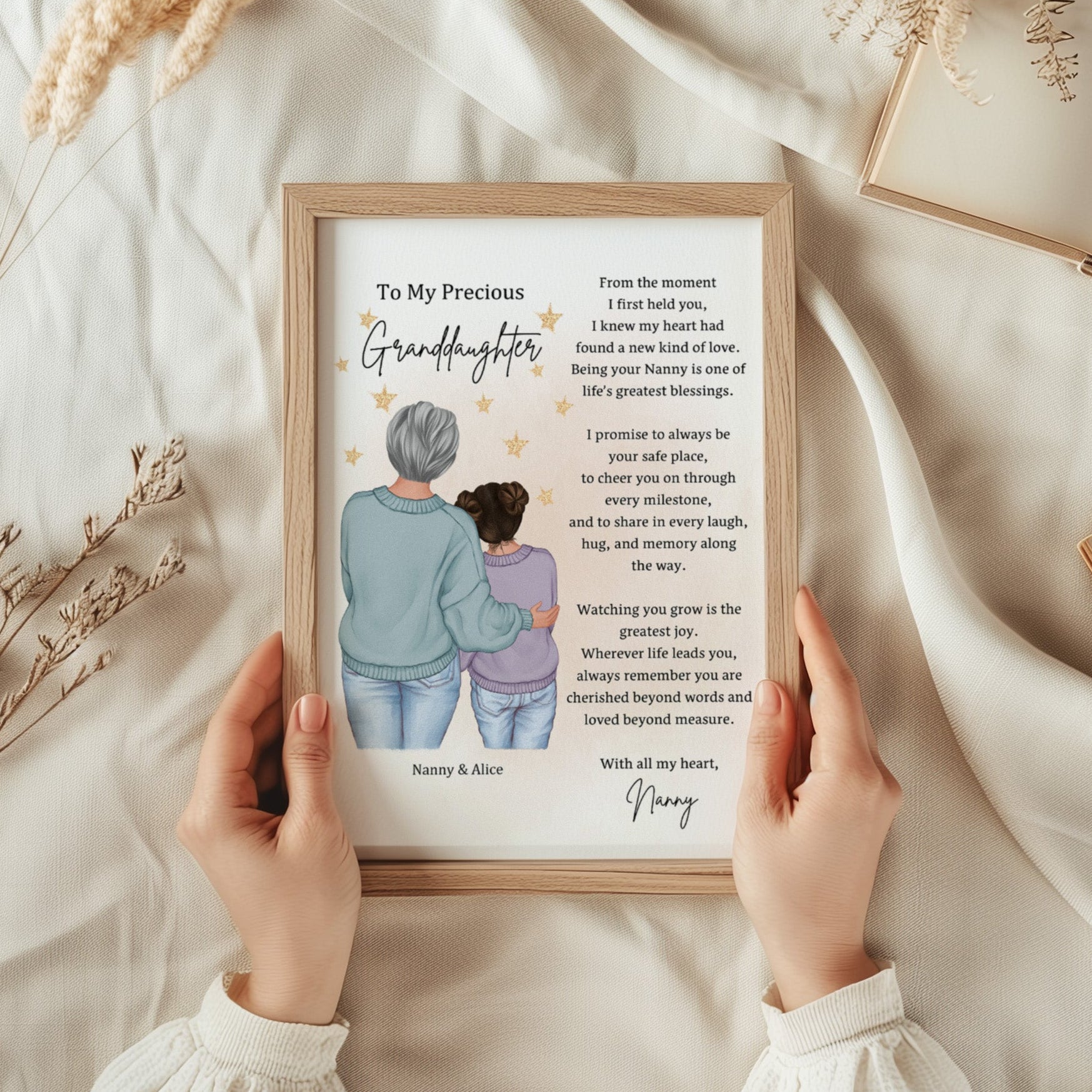 Personalised Nanny and Granddaughter illustrated print with heartfelt message