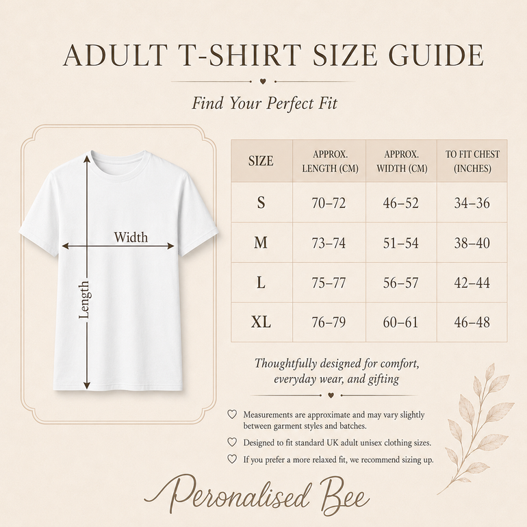Adult T-shirt size guide for unisex S, M, L and XL with approximate length, width and chest measurements