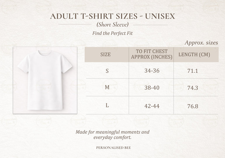 Adult unisex T-shirt size guide for personalised Dad photo collage shirt