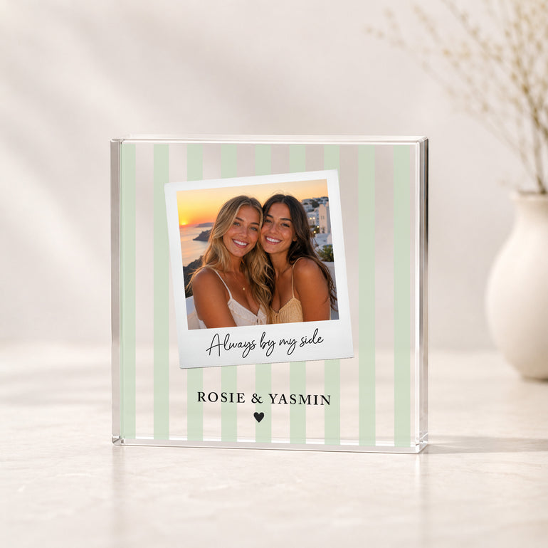 Green striped personalised best friend photo acrylic block with square photo design and names Rosie & Yasmin.