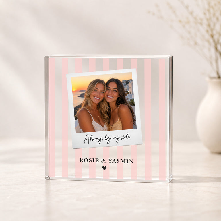 Pink striped personalised best friend photo acrylic block with one photo, short wording and personalised names.