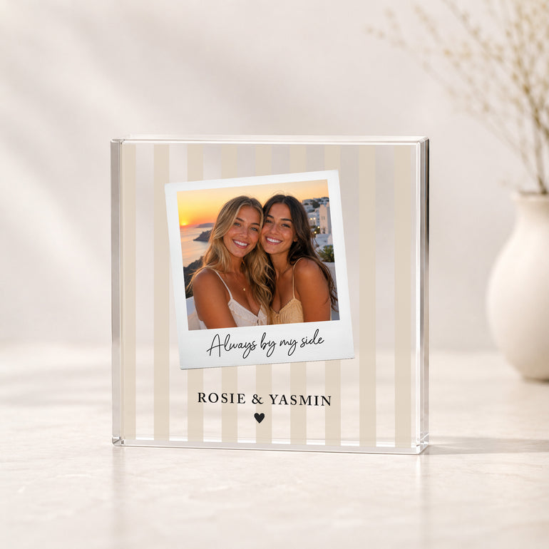 Beige striped personalised best friend photo acrylic block with one photo, short caption and names Rosie & Yasmin.