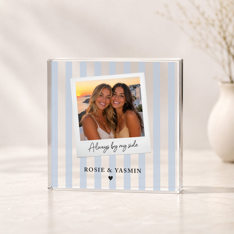 Blue striped personalised best friend photo acrylic block with one friendship photo and names beneath.