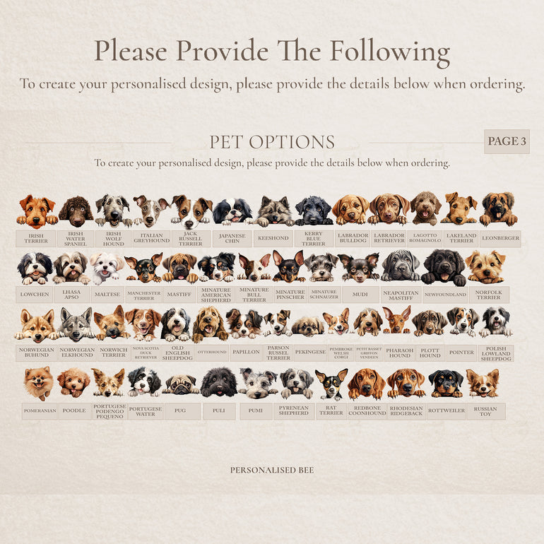 Pet Options chart 3 showing additional dog designs in different coat colours and markings.