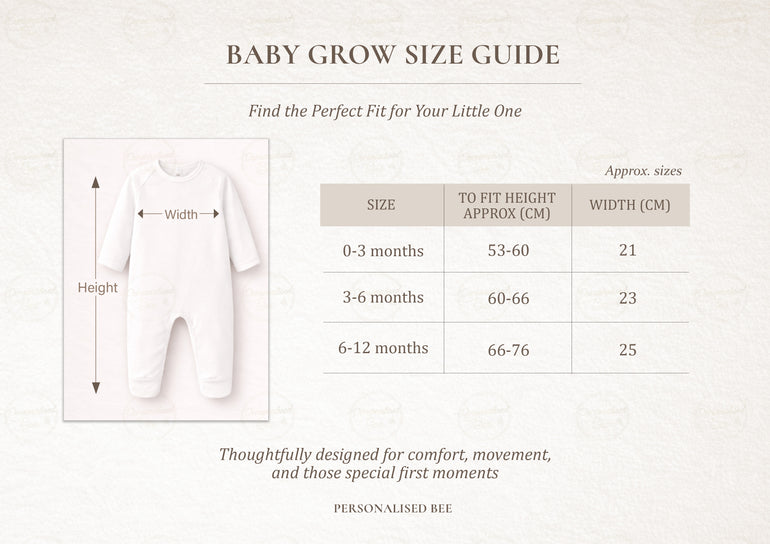 Baby grow size guide with measurements for first fathers day new daddy