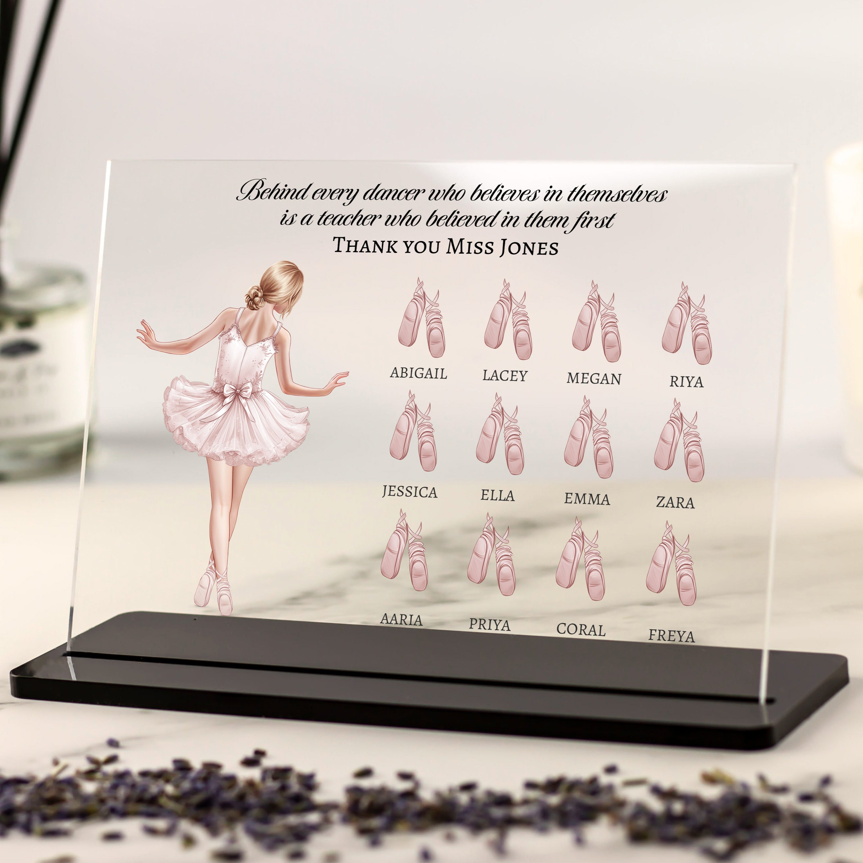 Personalised acrylic ballet teacher thank you plaque with ballerina and ballet shoe illustrations, featuring student names and message from dance class.