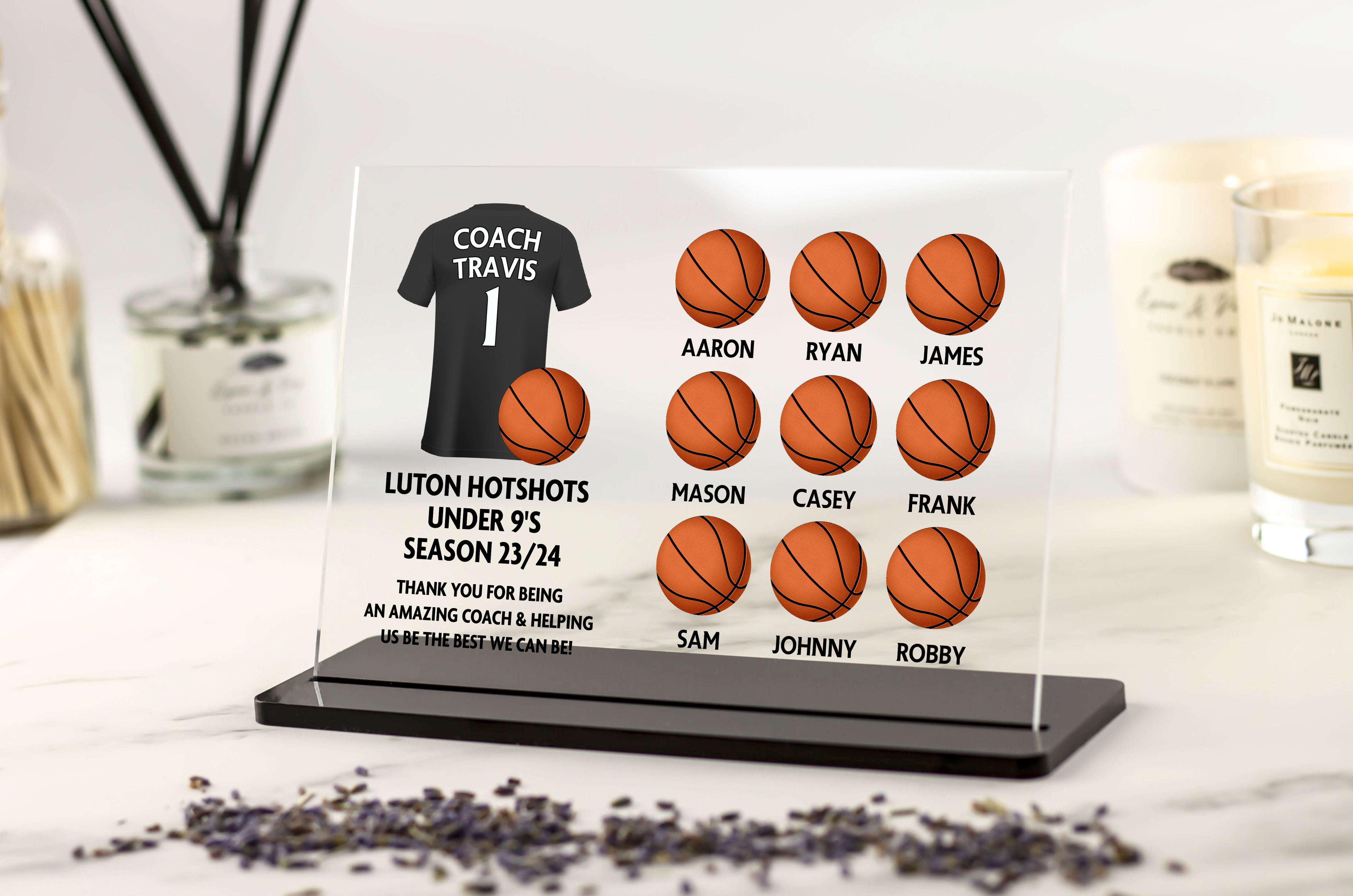 Basketball coach end of season gift from team, thank you gift for coaches, sports coach personalised gifts acrylic plaque with custom shirt and names