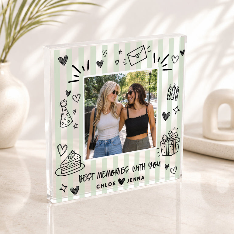 Personalised best friend photo block with two names, friendship photo, Best Memories With You wording and green striped background