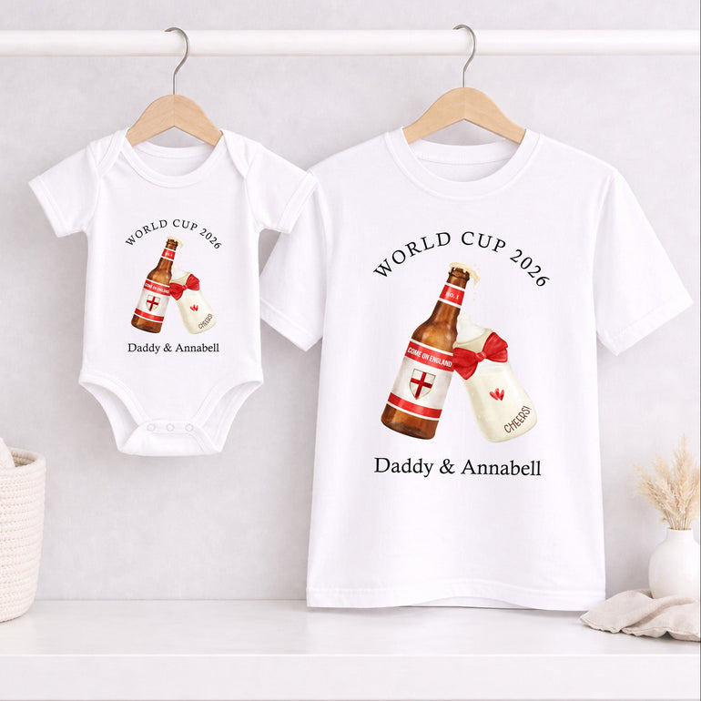 Personalised England World Cup 2026 baby vest with beer and milk bottle Daddy design