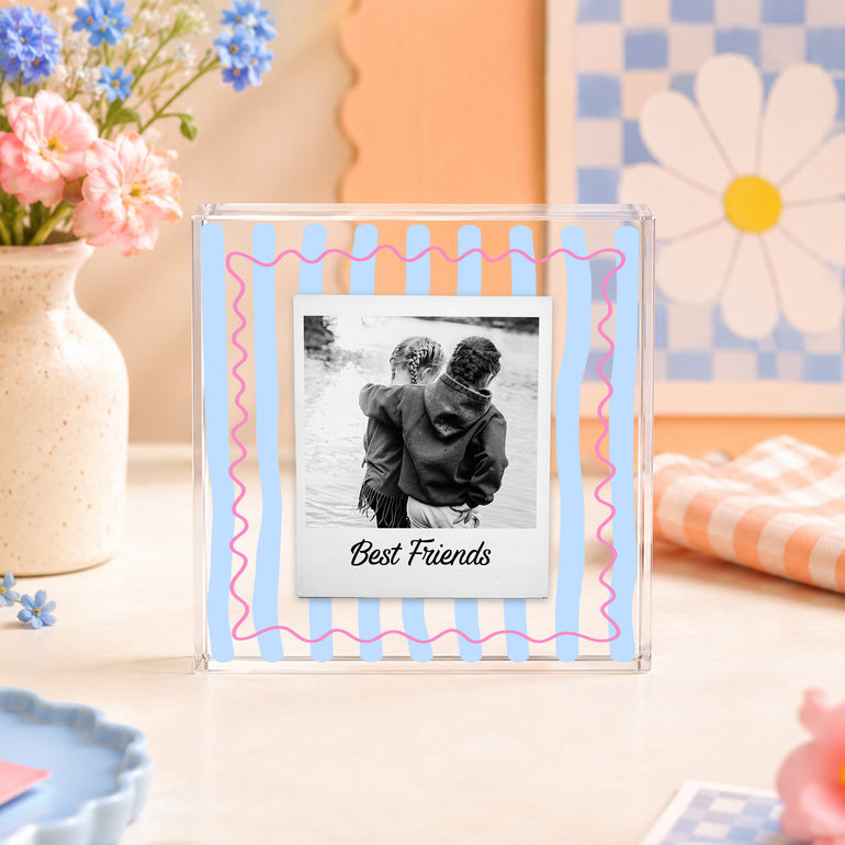 Colourful personalised best friend photo block with blue stripes, pink border and Best Friends wording.