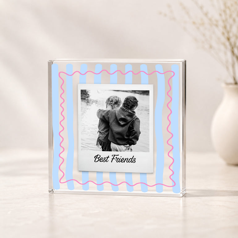 Blue wavy striped personalised Best Friends acrylic photo block with pink squiggle border and friendship photo.