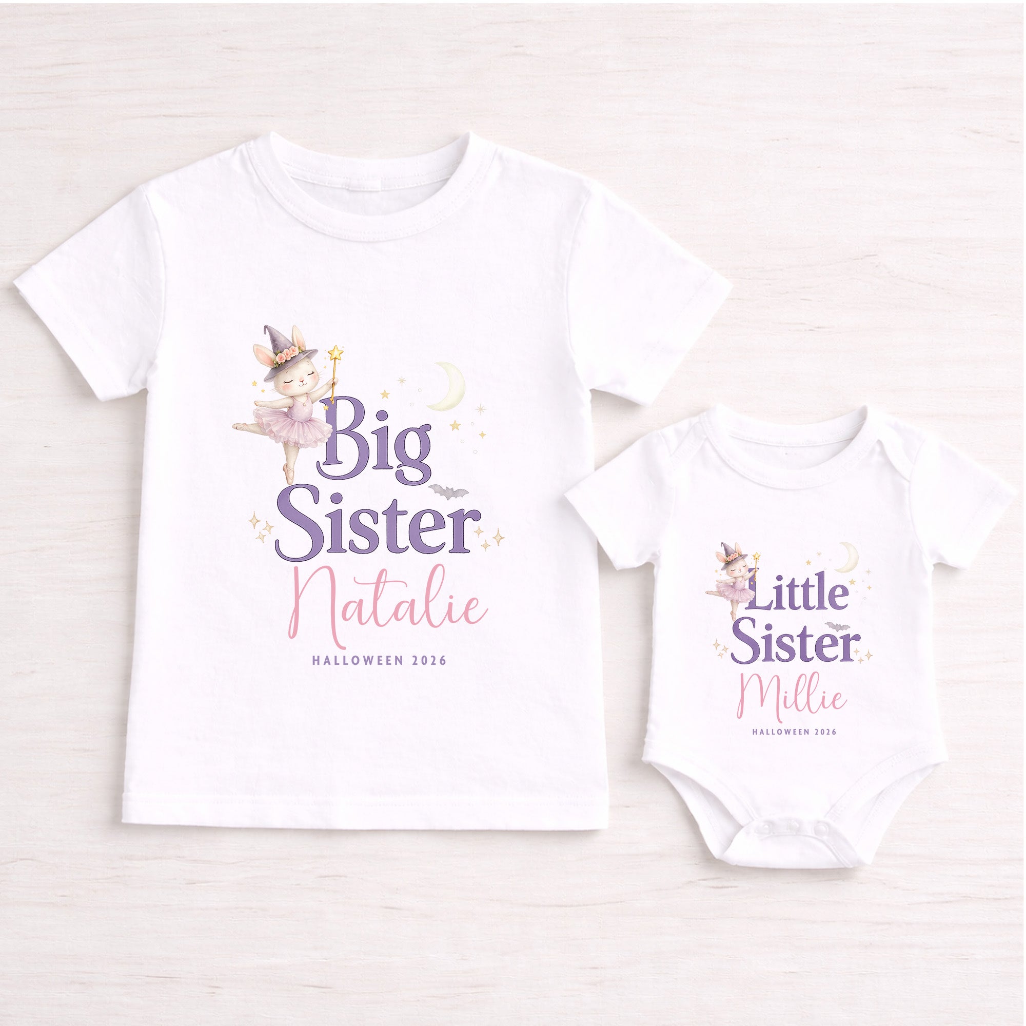Personalised Big Sister and Little Sister matching Halloween outfits with a white T-shirt and baby vest featuring names and a witch bunny design.