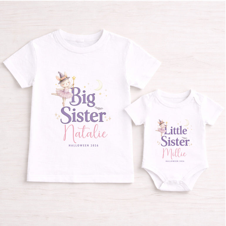 Personalised Big Sister and Little Sister matching Halloween outfits with a white T-shirt and baby vest featuring names and a witch bunny design.