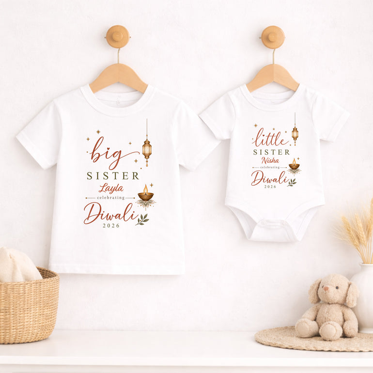 Matching big sister and little sister Diwali personalised sibling outfits