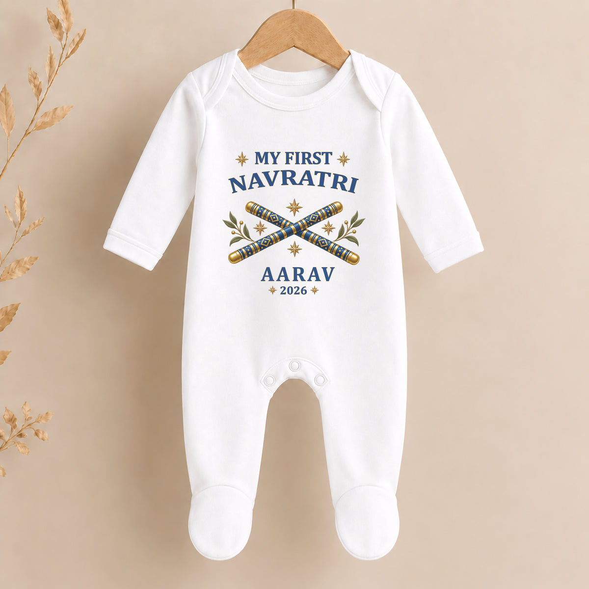 Blue design: Personalised My First Navratri baby grow with blue and gold dandiya sticks, name and year