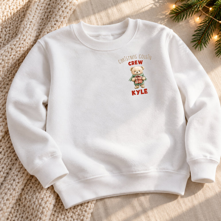 Teddy bear Christmas Cousin Crew jumper with a bear and name for each cousin, alternative view