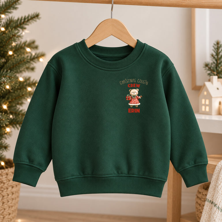 Teddy bear Christmas Cousin Crew jumper with a bear and name for each cousin, alternative view