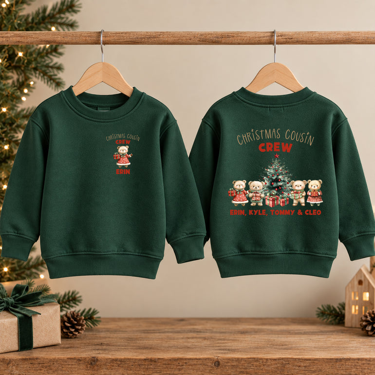 Teddy bear Christmas Cousin Crew jumper with a bear and name for each cousin, alternative view