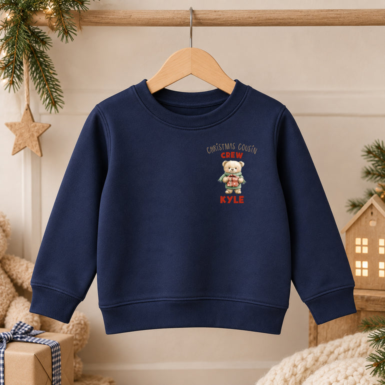 Teddy bear Christmas Cousin Crew jumper with a bear and name for each cousin, alternative view