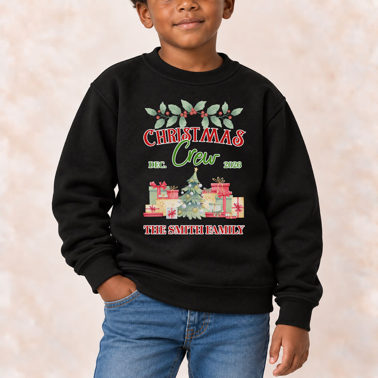 Christmas Crew family jumper with watercolour tree, surname and Dec 2026, alternative view