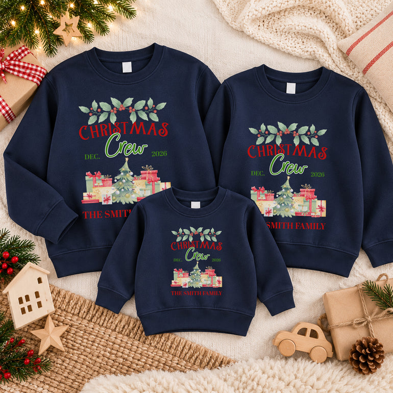 Christmas Crew family jumper with watercolour tree, surname and Dec 2026, alternative view