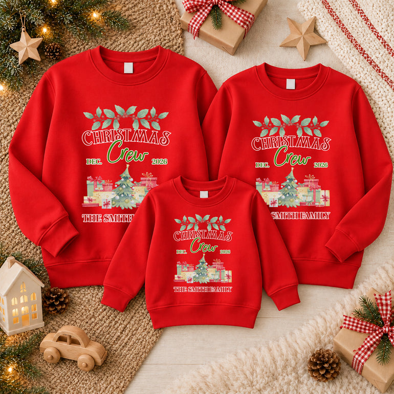 Christmas Crew family jumper with watercolour tree, surname and Dec 2026, alternative view