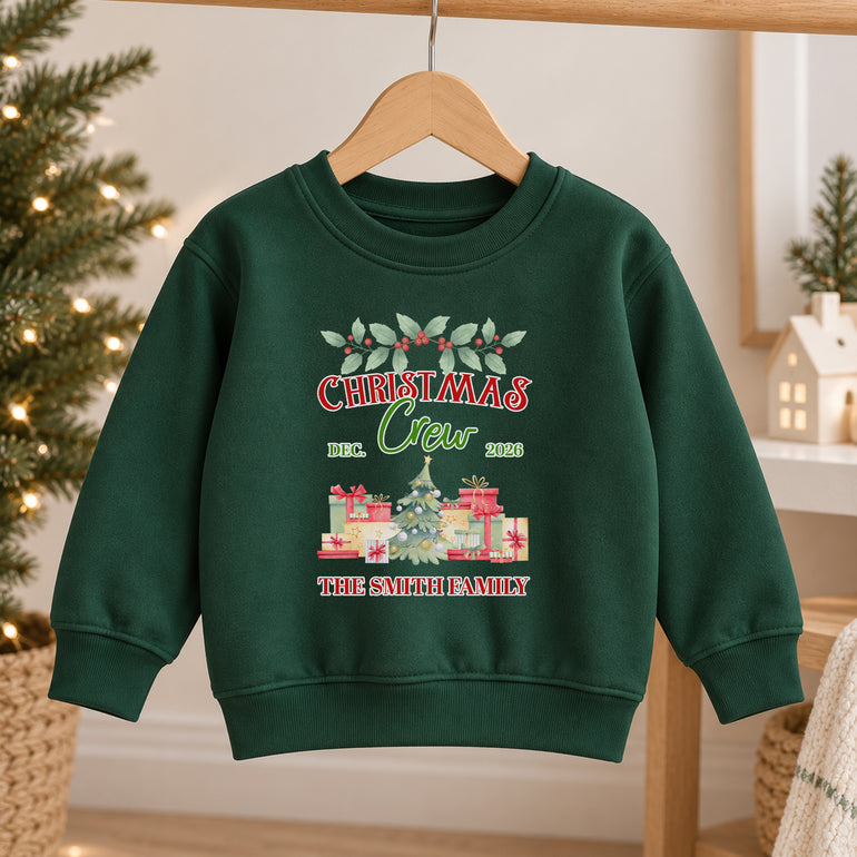 Christmas Crew family jumper with watercolour tree, surname and Dec 2026, alternative view