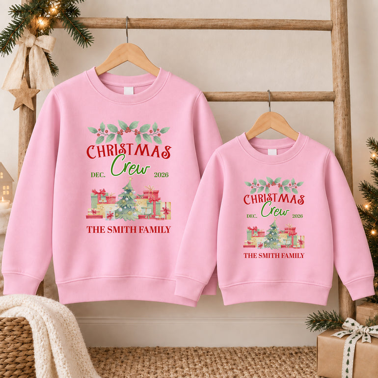 Christmas Crew family jumper with watercolour tree, surname and Dec 2026, alternative view