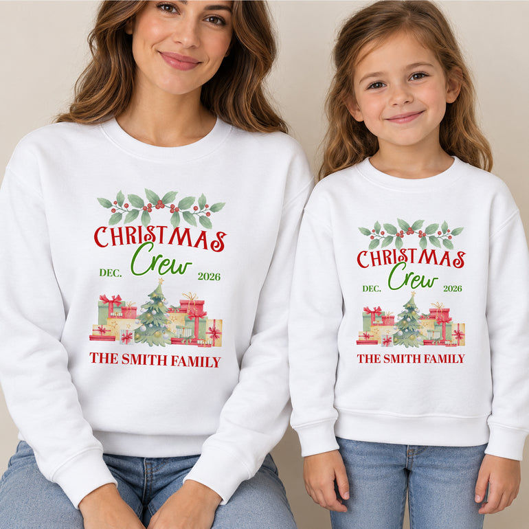 Christmas Crew family jumper with watercolour tree, surname and Dec 2026, alternative view