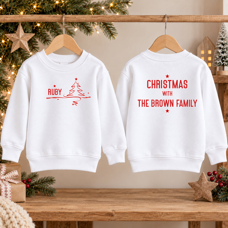 Family Christmas jumper with name and tree on the front and Christmas with The Family surname on the back, alternative view