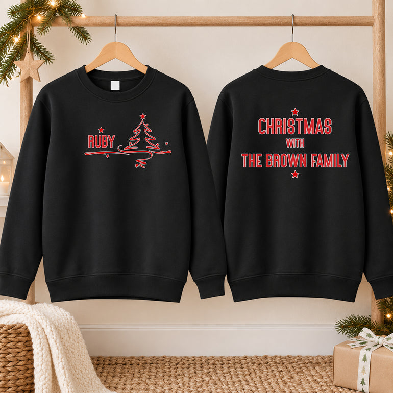 Family Christmas jumper with name and tree on the front and Christmas with The Family surname on the back, alternative view