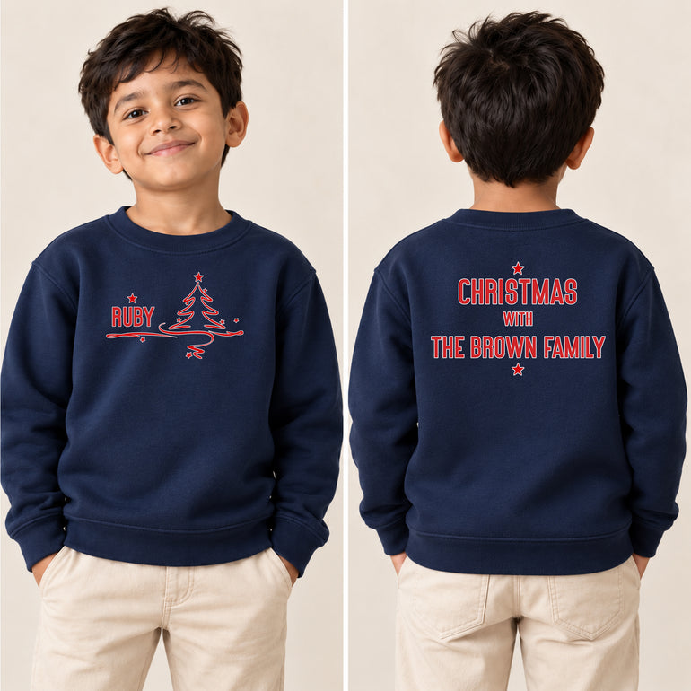 Family Christmas jumper with name and tree on the front and Christmas with The Family surname on the back, alternative view