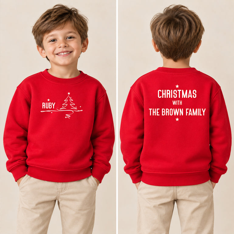 Family Christmas jumper with name and tree on the front and Christmas with The Family surname on the back, alternative view