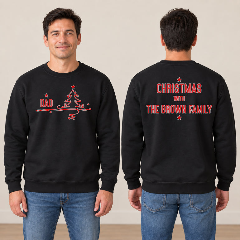 Family Christmas jumper with name and tree on the front and Christmas with The Family surname on the back, alternative view