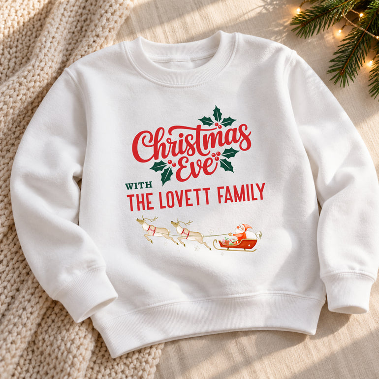 White Christmas Eve with The Family jumper with surname and Santa's sleigh, alternative view