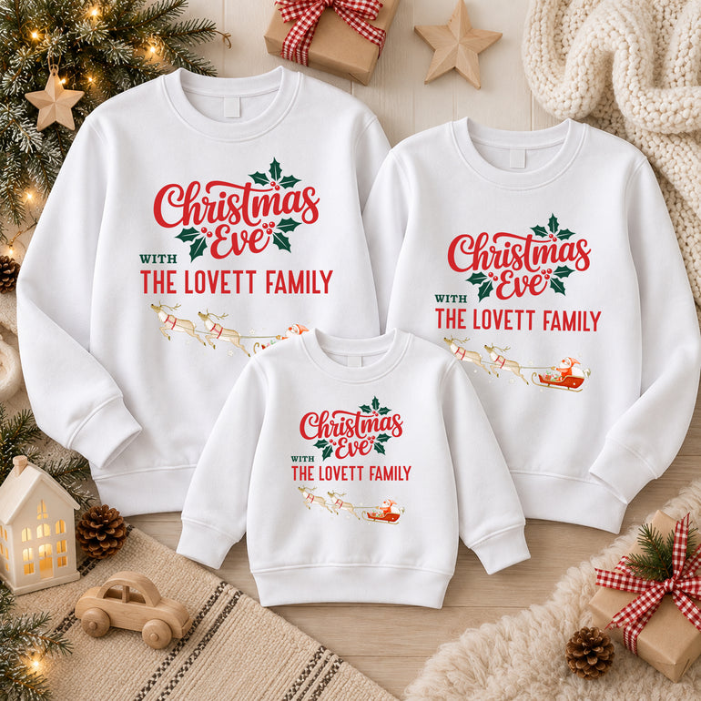 White Christmas Eve with The Family jumper with surname and Santa's sleigh, alternative view