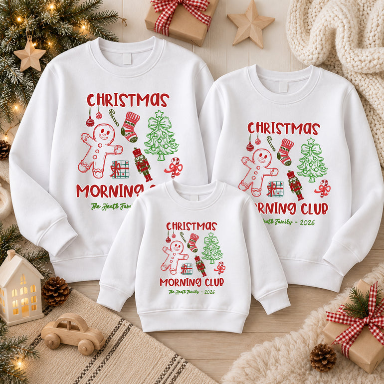 White Christmas Morning Club family sweatshirt with gingerbread man, family name and year, alternative view
