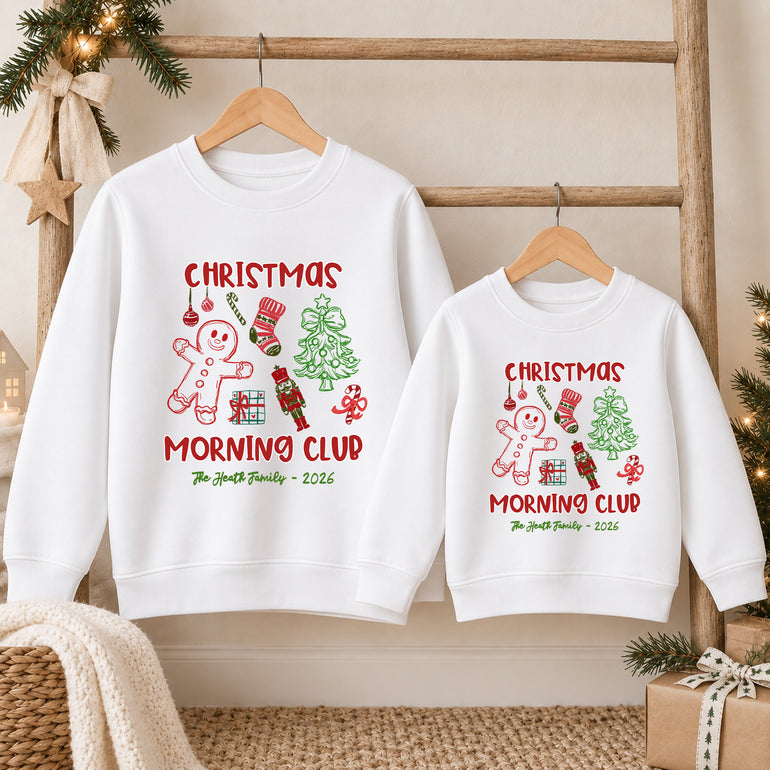 White Christmas Morning Club family sweatshirt with gingerbread man, family name and year, alternative view