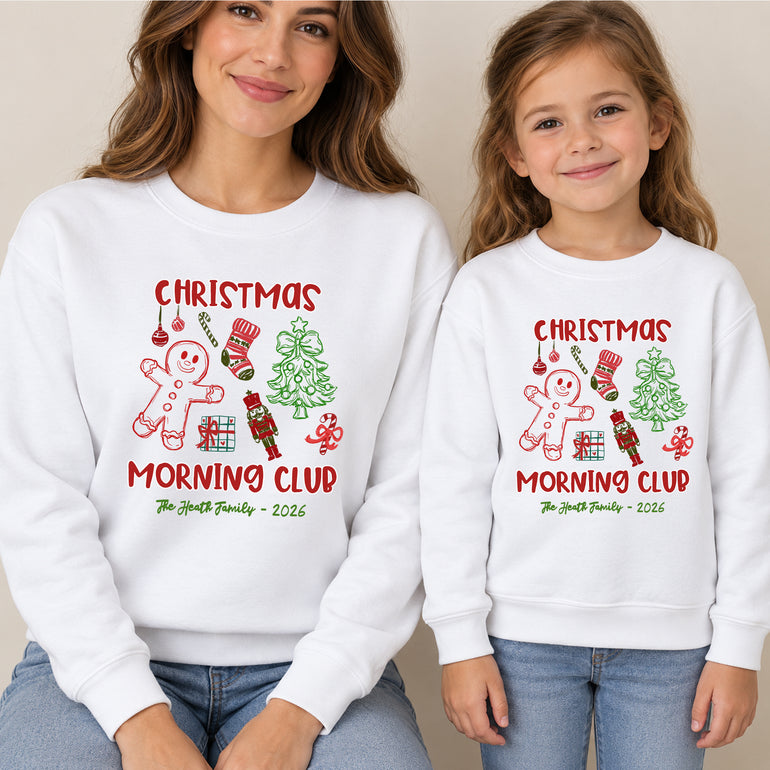 White Christmas Morning Club family sweatshirt with gingerbread man, family name and year, alternative view