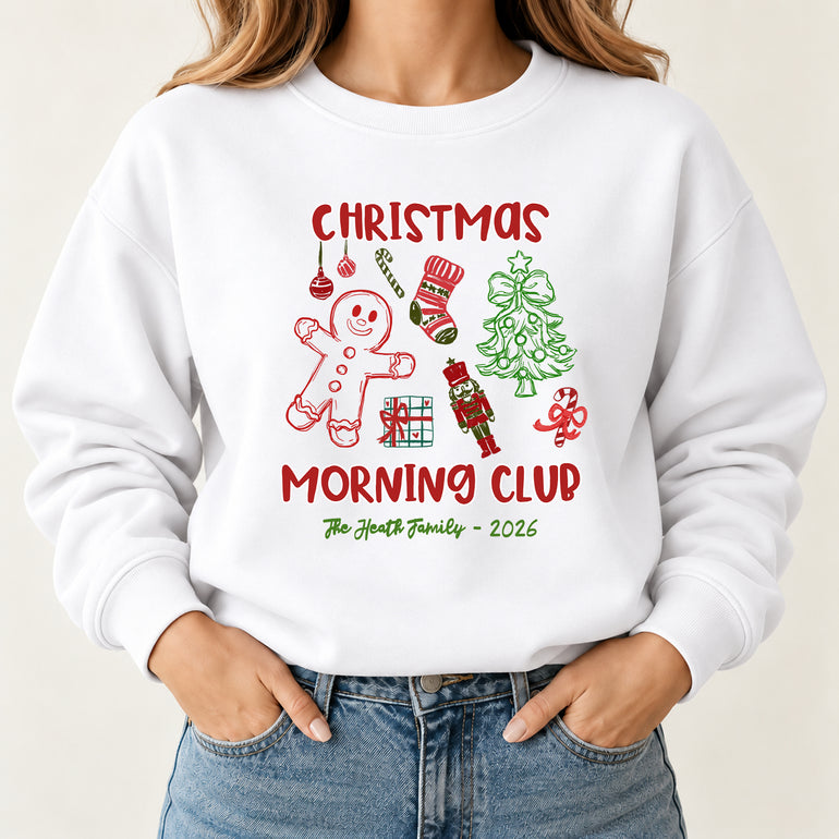 White Christmas Morning Club family sweatshirt with gingerbread man, family name and year, alternative view