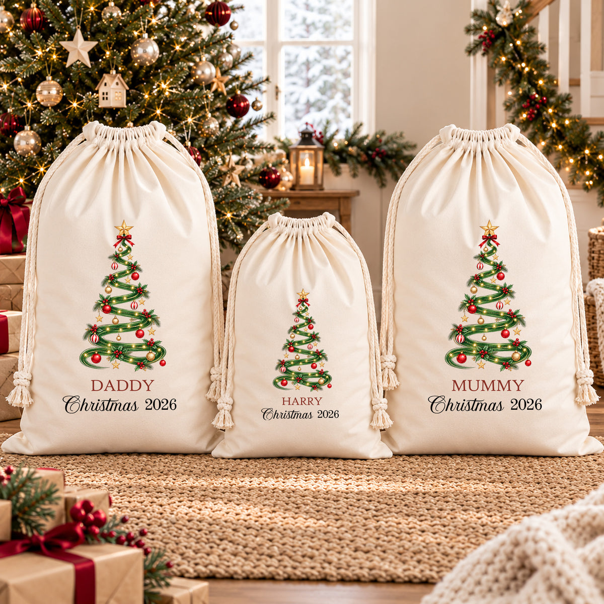 Matching family personalised Santa sacks for Mummy, Daddy and child with names, year and traditional Christmas tree design.