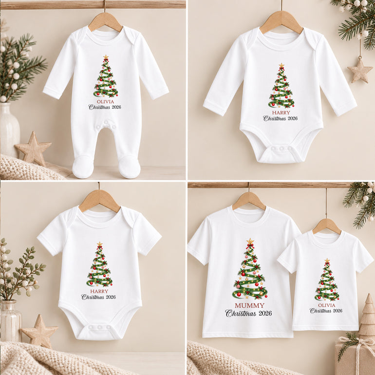 Personalised matching family Christmas clothing with festive tree design on baby grow, baby vests and T-shirts, customised with names or family roles and year